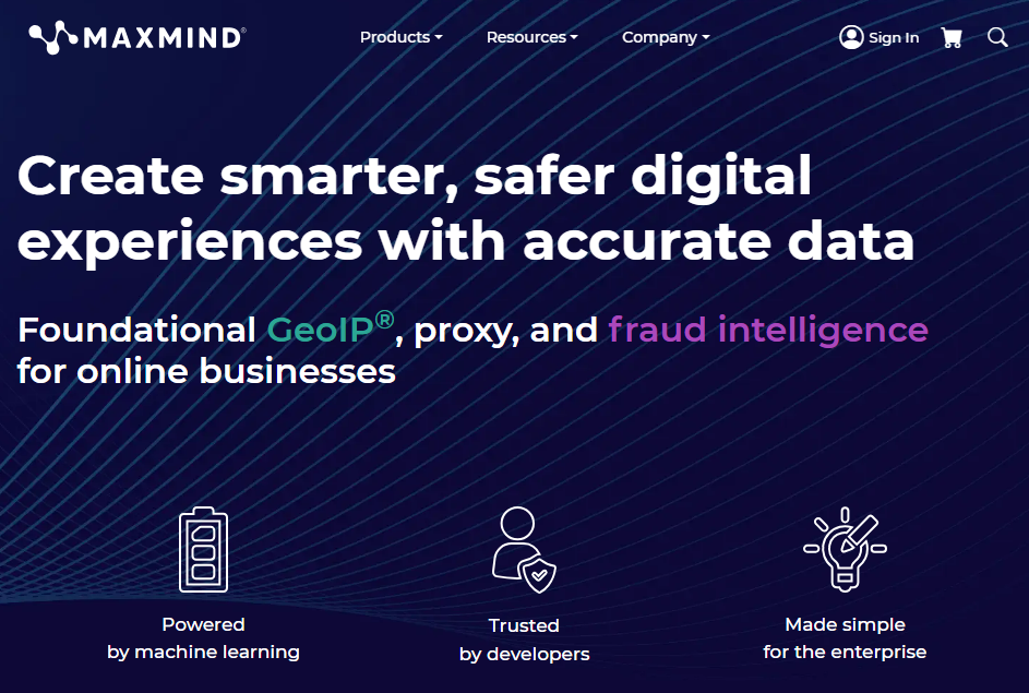 MaxMind homepage, an IP intelligence tool