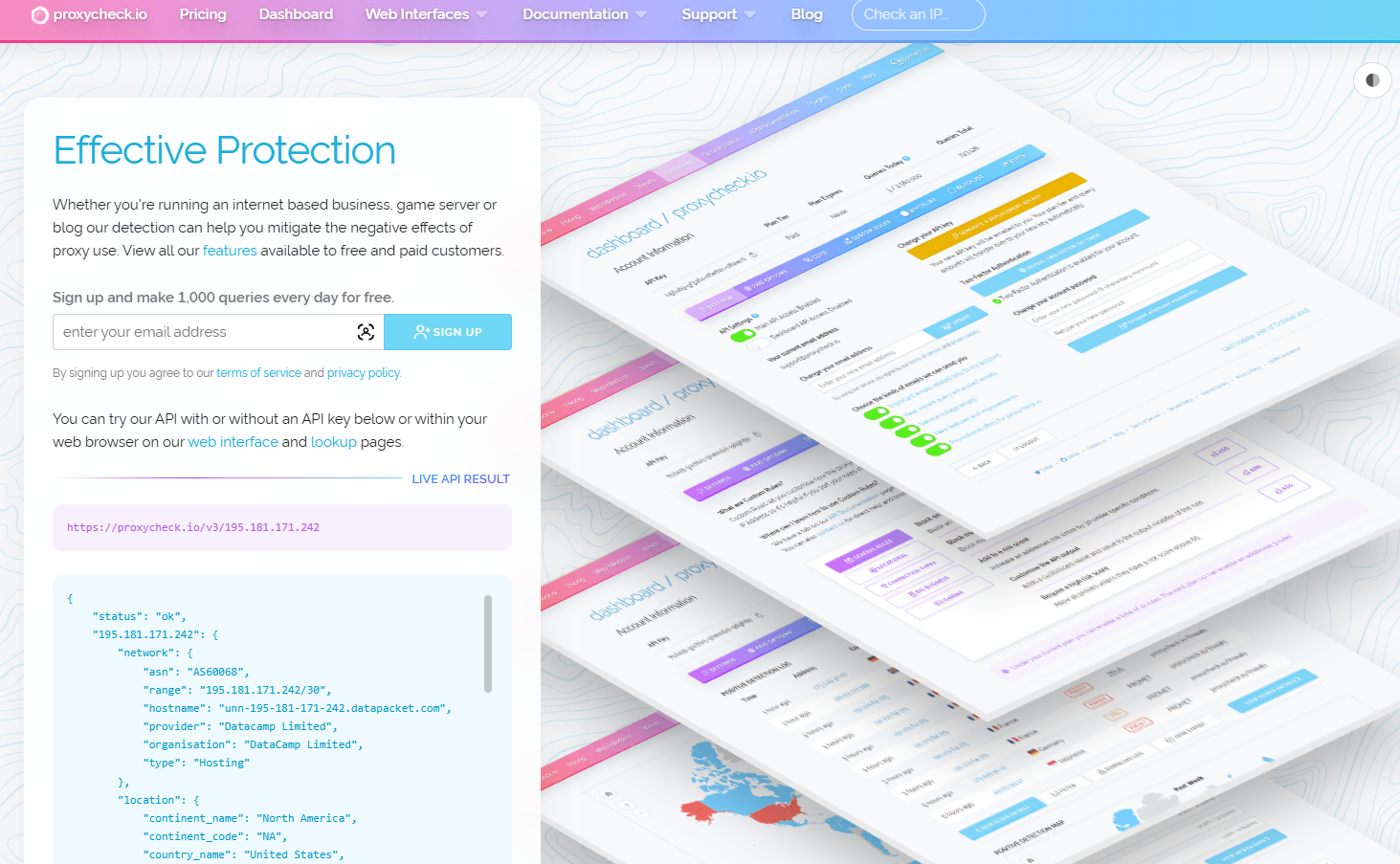 ProxyCheck homepage, a freemium batch IP lookup tool