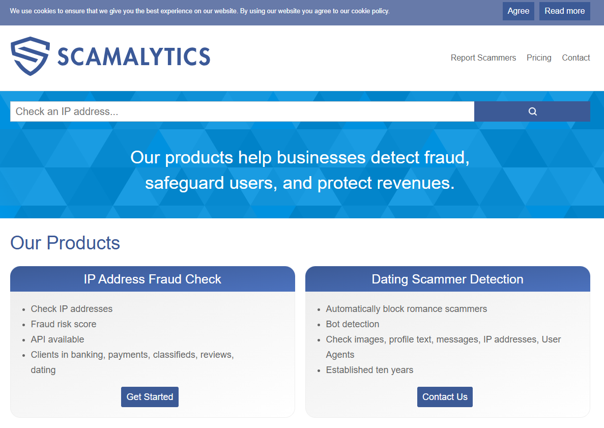 Scamalytics homepage, an IP lookup and fraud detection platform
