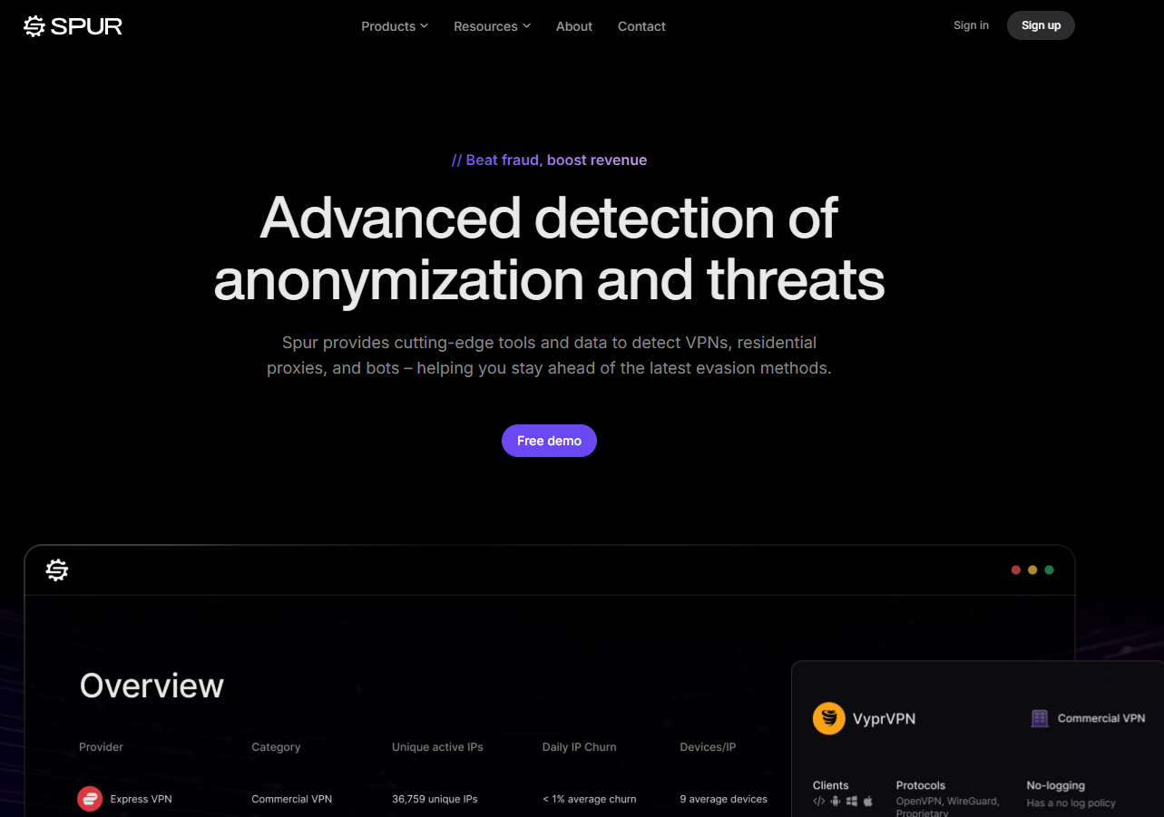 Spur homepage, an IP anonymizer and fraud detector