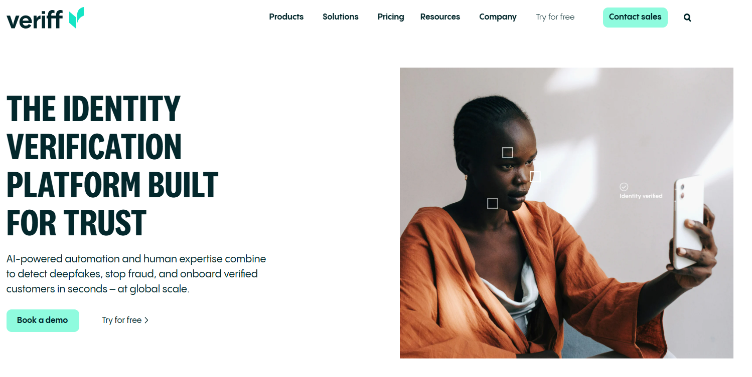Veriff homepage, an AI-powered ID verification platform with an IP checker