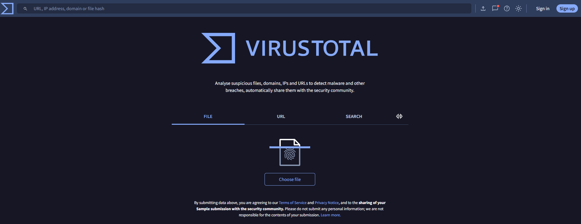 VirusTotal homepage, an IP reputation checker