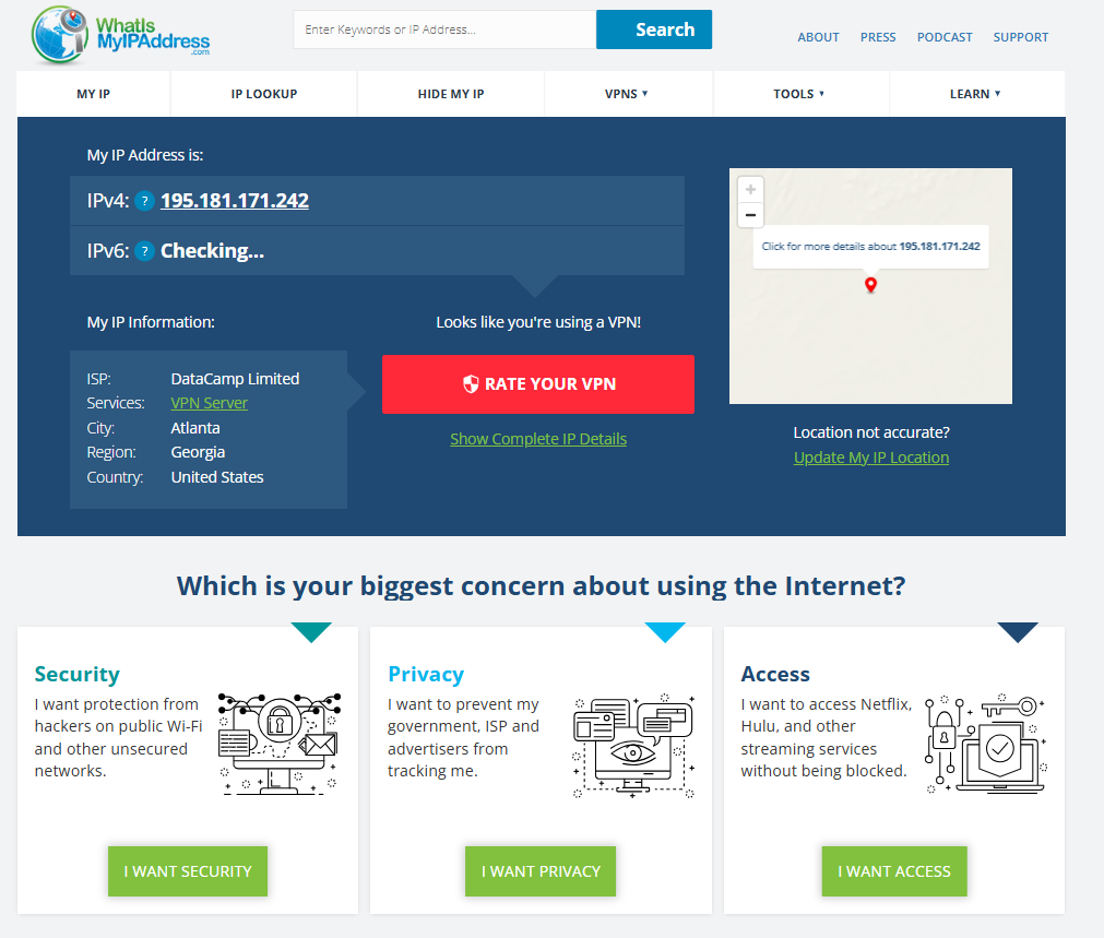 WhatIsMyIPAddress.com homepage, an IP reputation checker