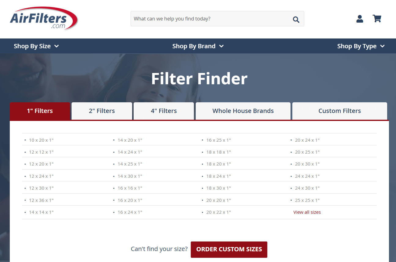  AIrFilters.com landing page that sorts air conditioner filters by sizes and offers you to order a custom size