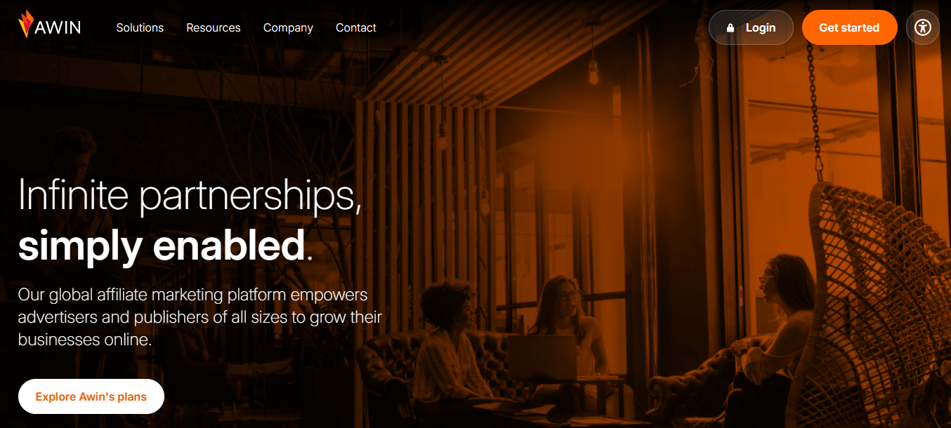Awin landing page where, among the interface buttons, you can login, get started, or explore Awin's plans