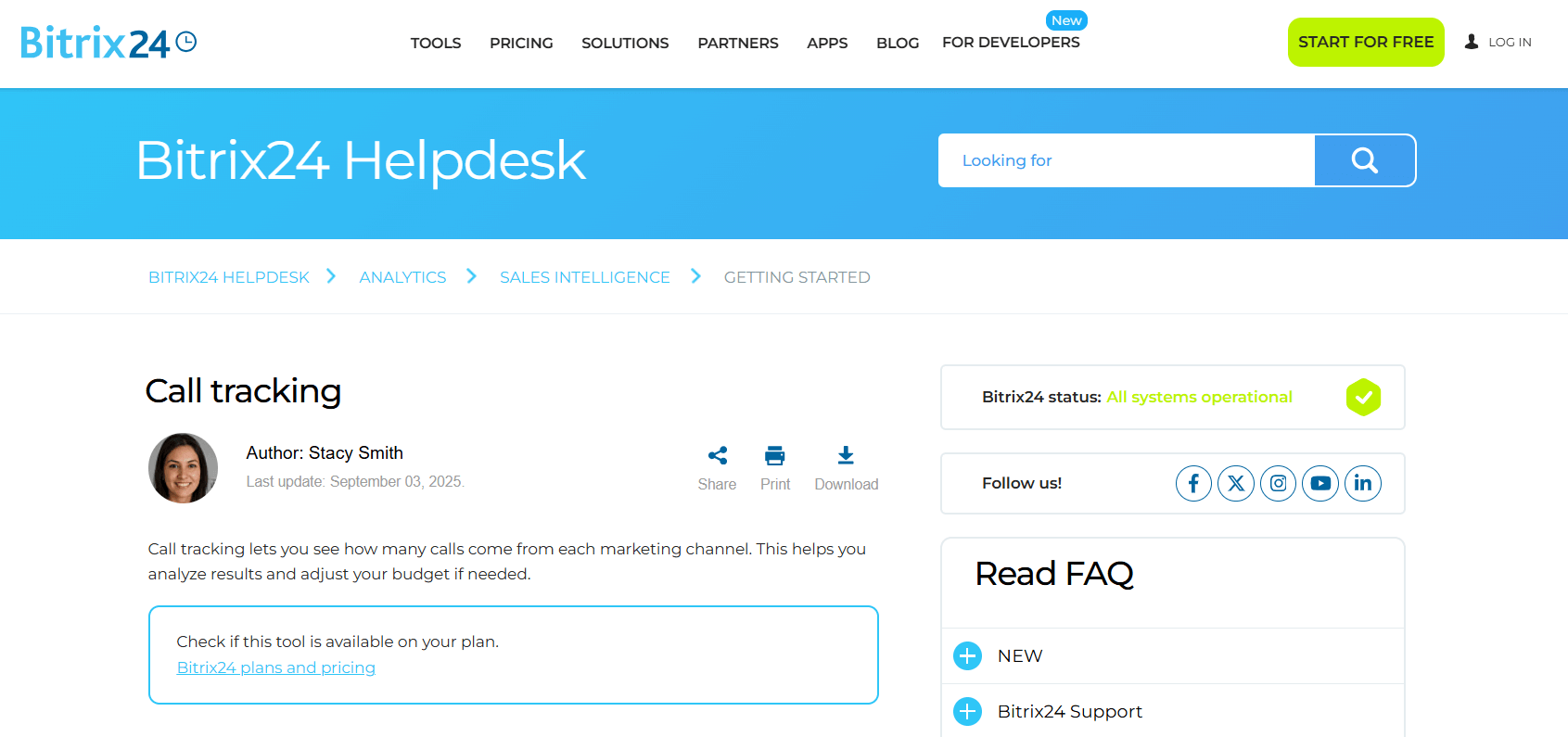  Bitrix help page, explaining how call tracking functionality works