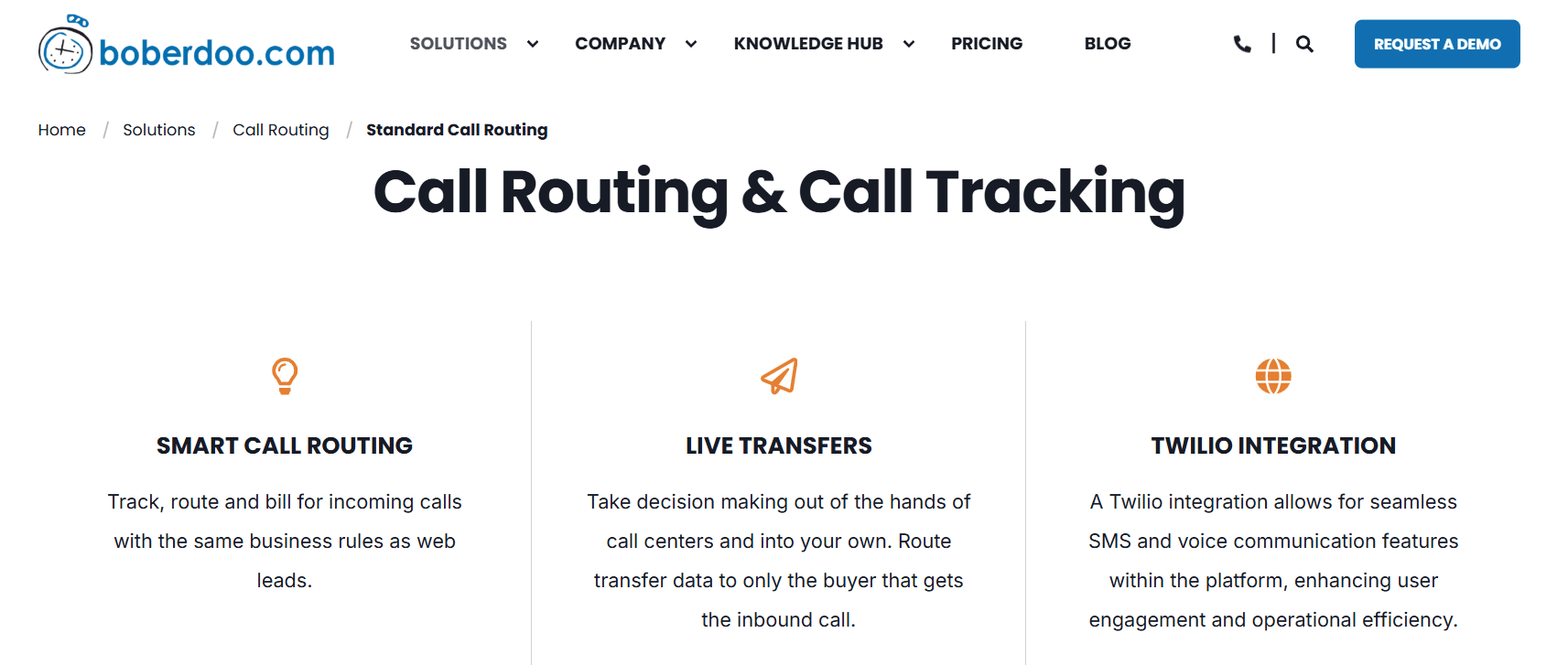 Boberdoo product page, presenting call routing and call tracking features and offering you to request a demo
