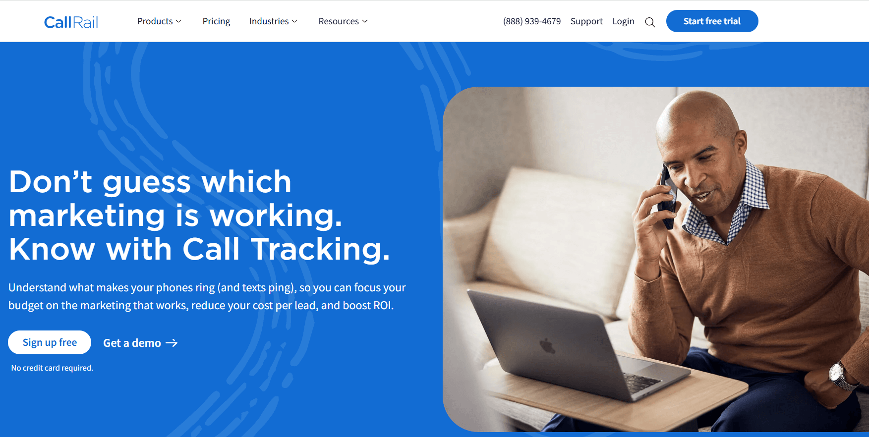  CallRail call tracking use case page, where you can explore how the product benefits customers, sign up for free, and get a demo