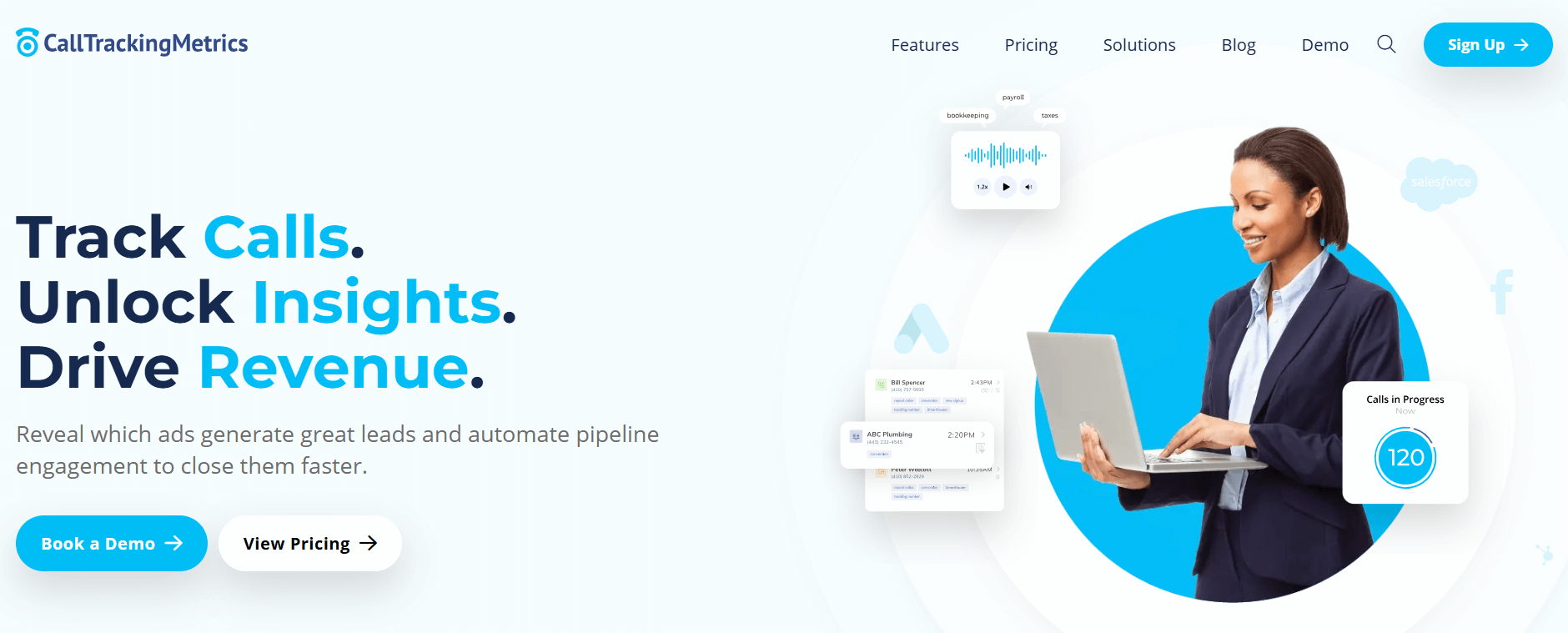 CallTrackingMetrics homepage, where you can explore product benefits, book a demo, sign up, and view pricing 