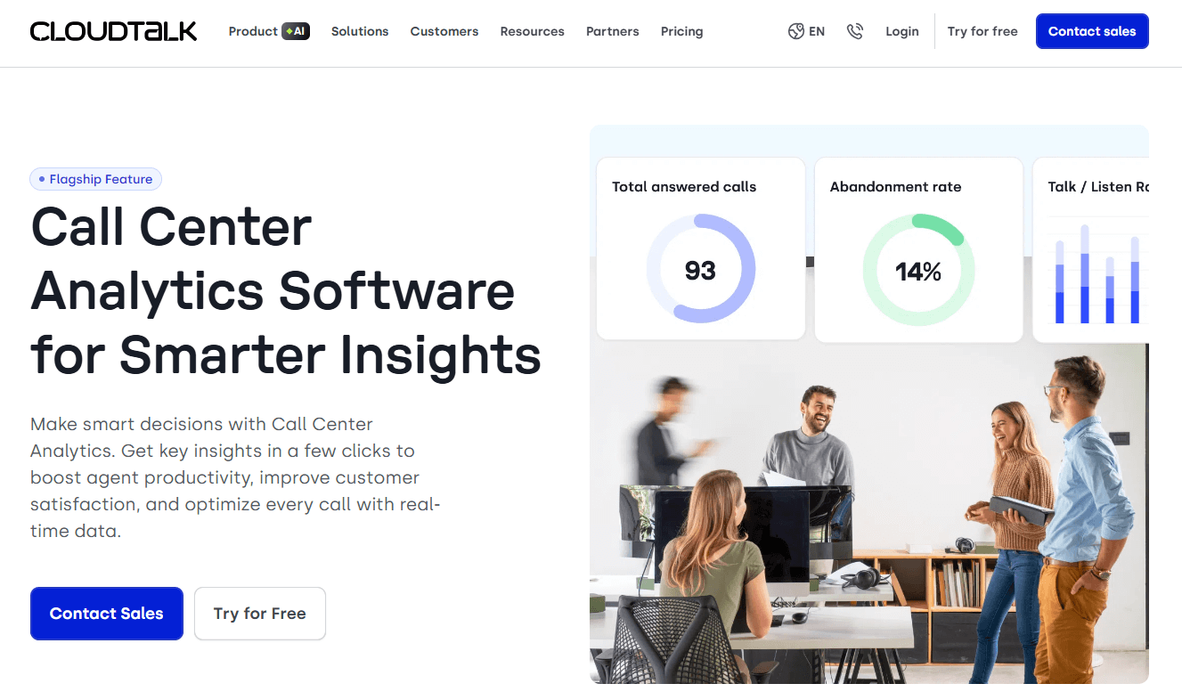 CloudTalk product page, where you can explore call center analytics software features, try them for free, or contact sales