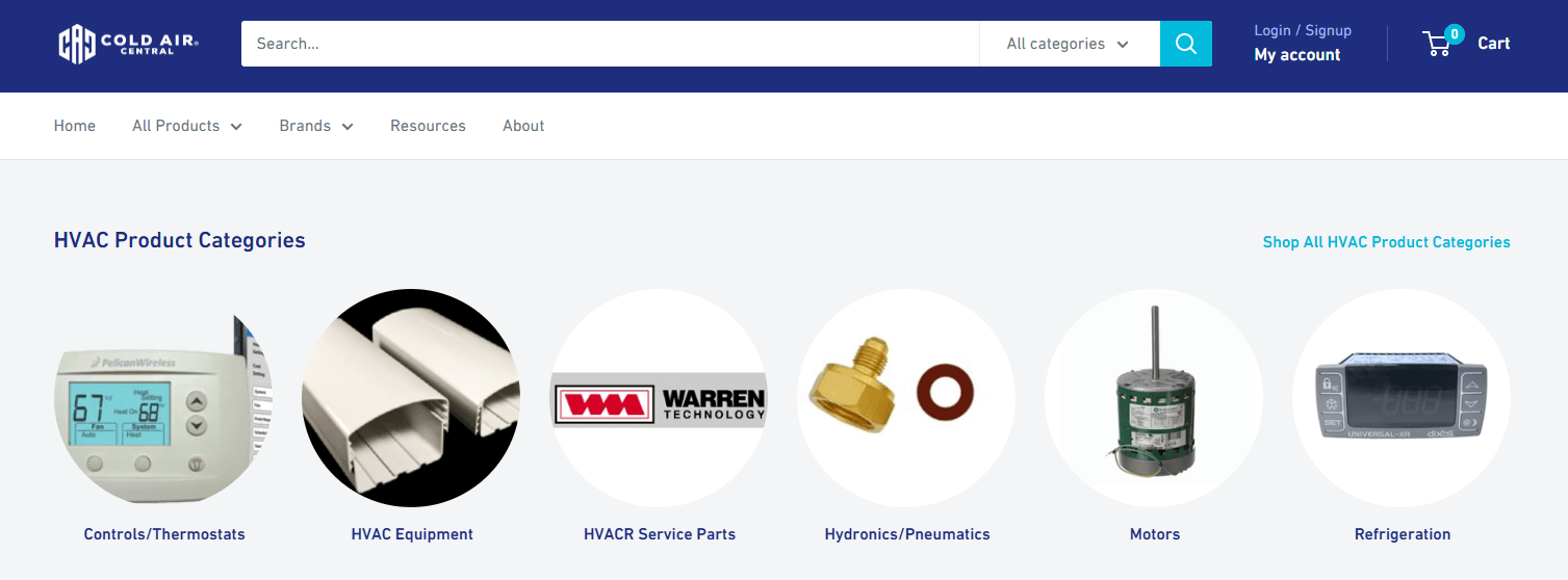 Cold Air Central landing page that routes to a website page based on the HVAC product category you're interested in