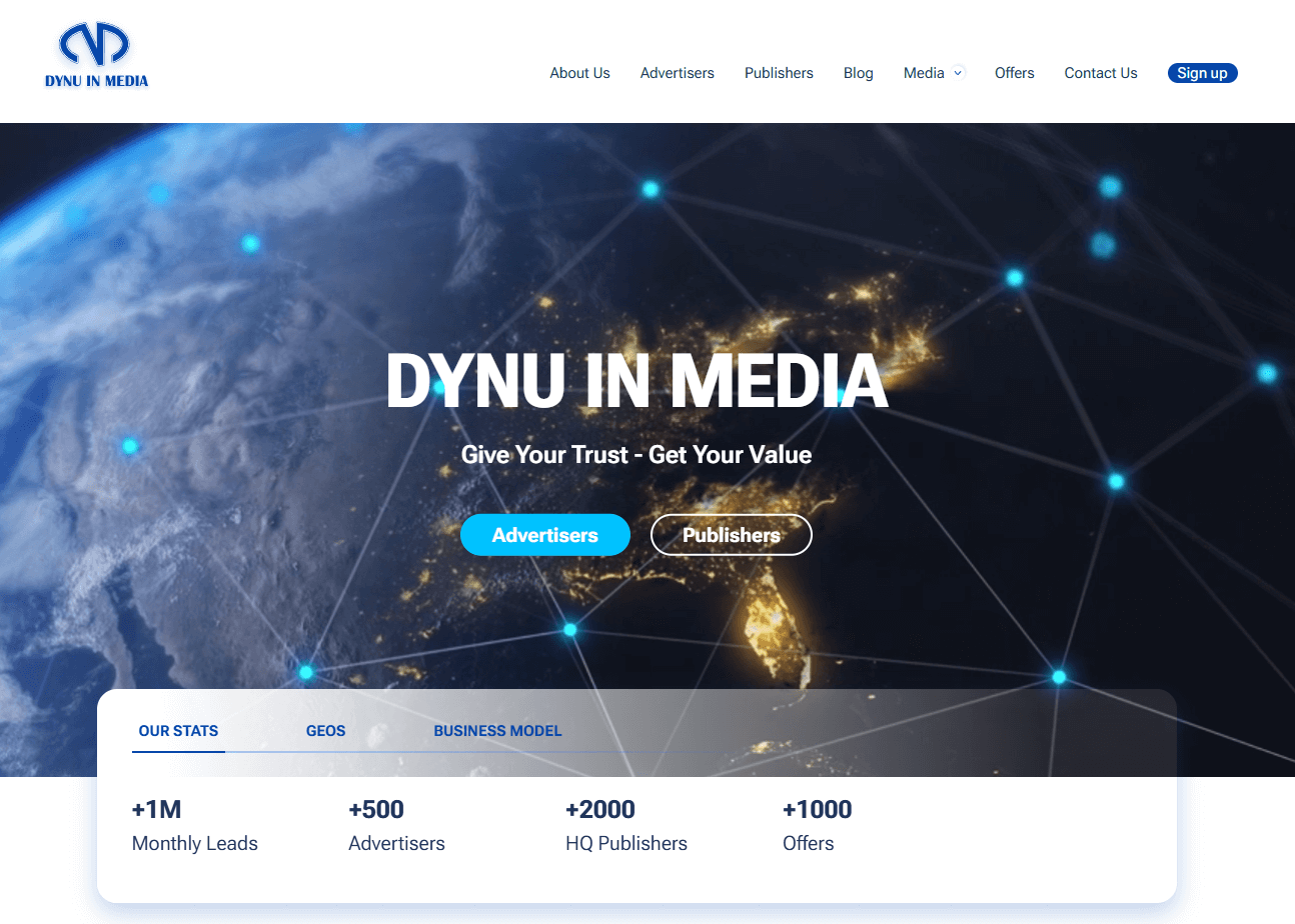 Dynu In Media landing page with an image of the Earth with network points, and buttons to accurately route advertisers and publishers

