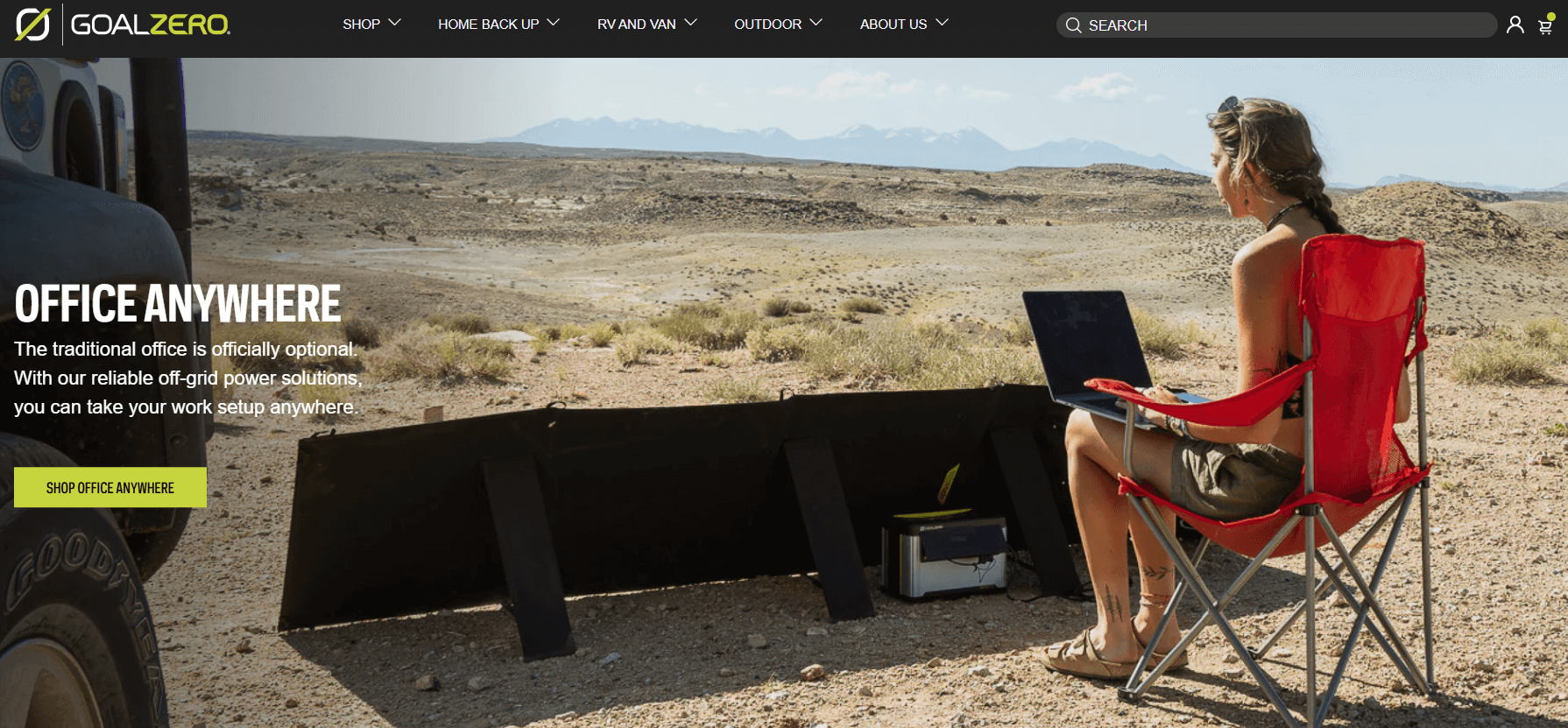 Goal Zero landing page that depicts a woman using a laptop powered by a solar panel amid the desert and offers you to find a shop office anywhere