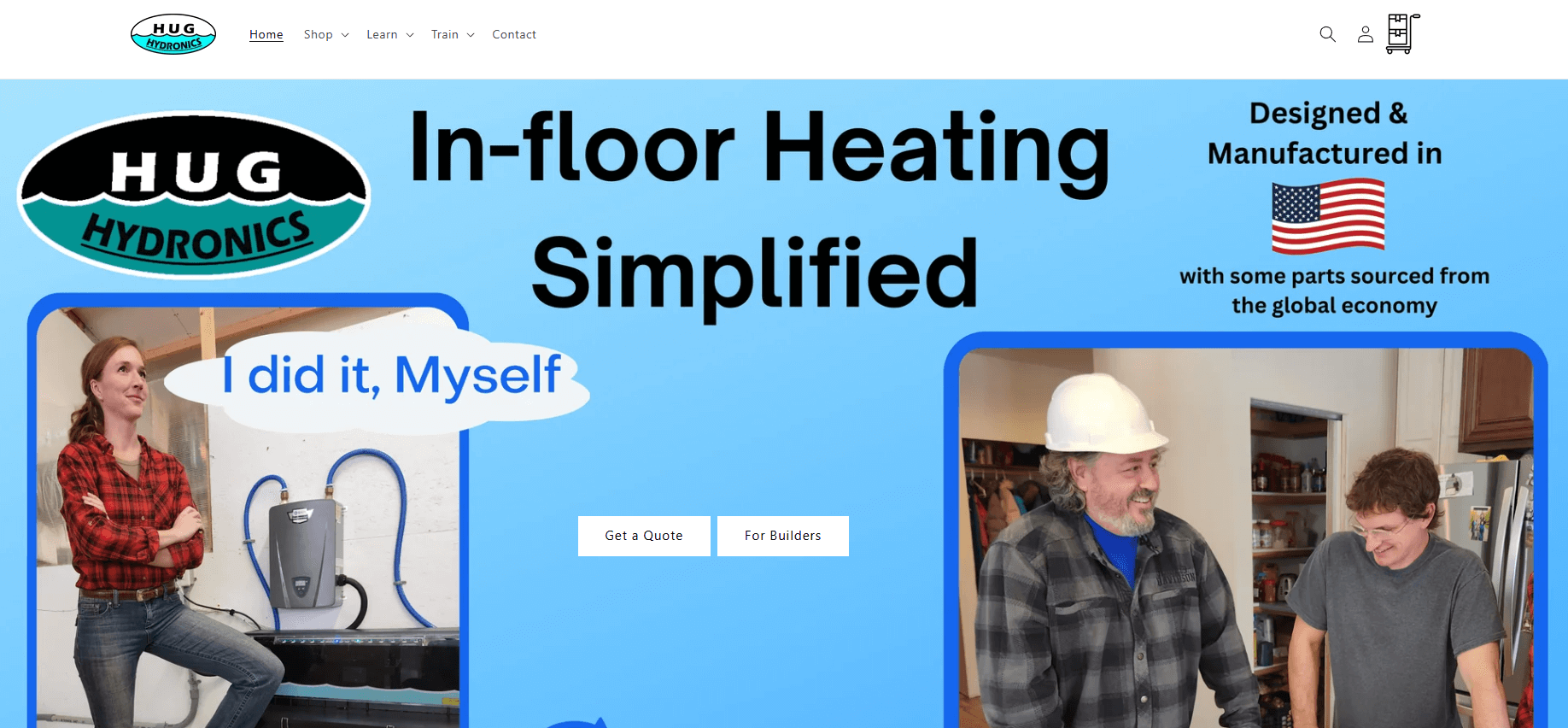 HUG Hyndronics landing page where users can get a quote and builders can apply for a job