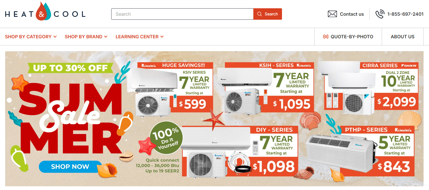 Heat & Cool landing page where you're presented with favorable prices and offered to shop now with up to 30% off