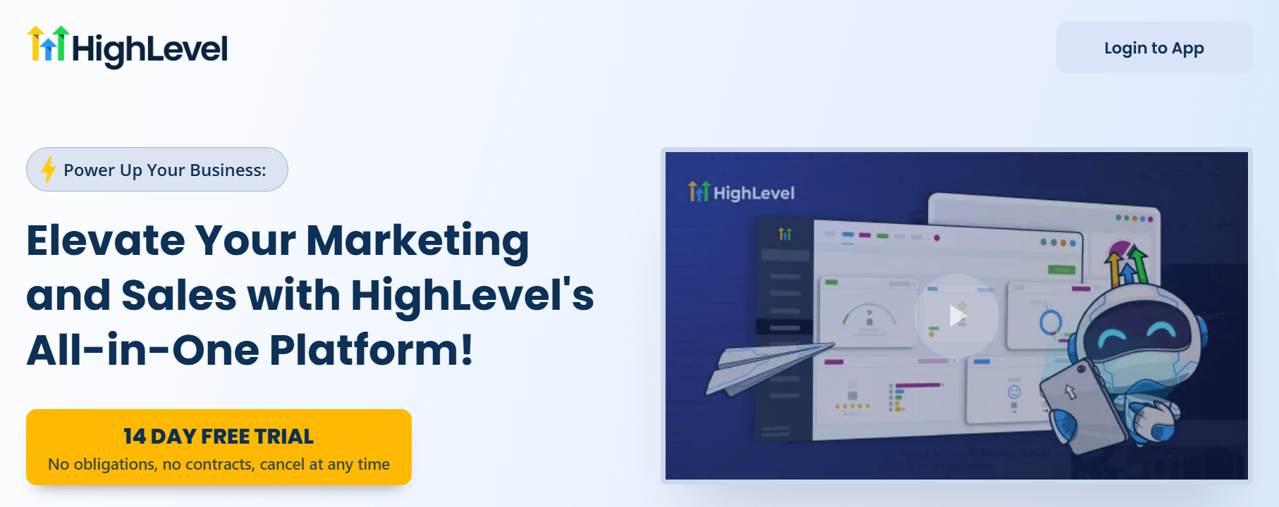 HighLevel homepage, where you can log in your app and begin your 14-day free trial of CRM 