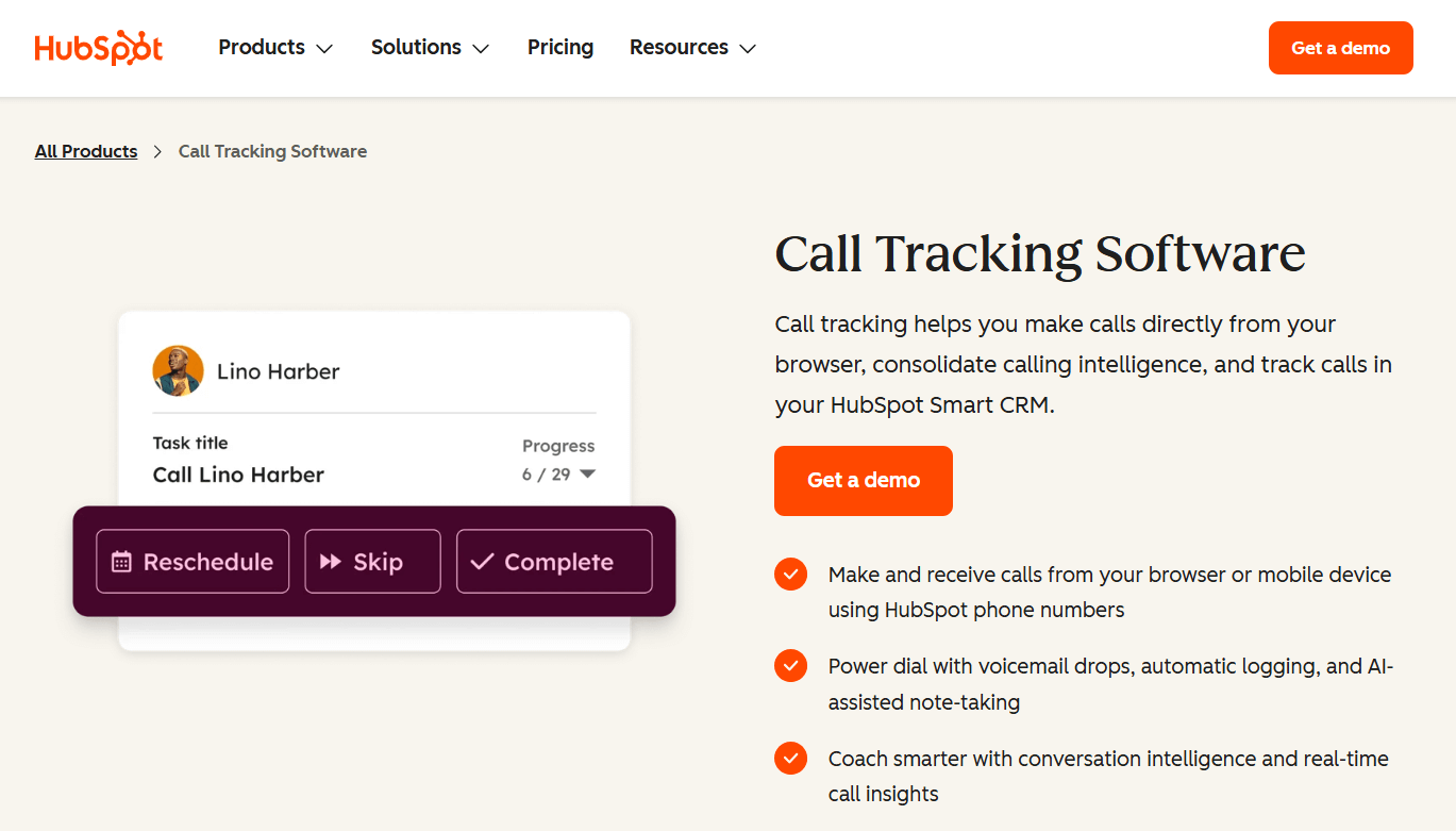 HubSpot call tracking software page, where you can explore product benefits or request a demo