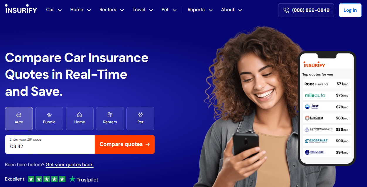 Insurify landing page where users can compare quotes for different types of insurance