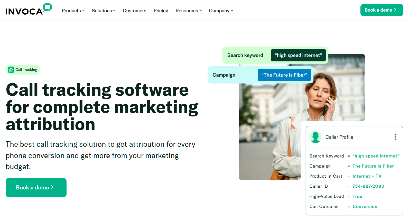Invoca product page, where you can explore how call tracking software works and book a demo