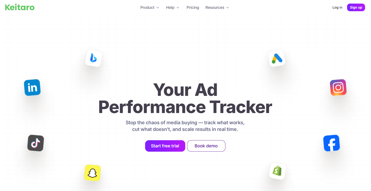 Keitaro landing page where you explore the site's ad tracker and are offered to start a free trial or book a demo