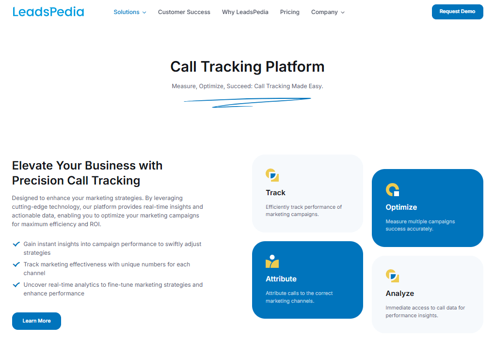  LeadsPedia product page, where you can explore call tracking functionality and request a demo