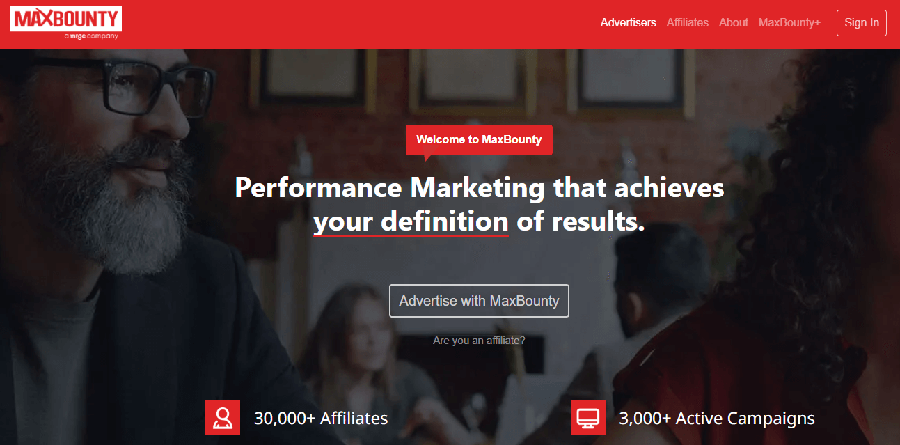 MaxBounty landing page for advertisers that reveals a number of affiliates and active campaigns within network
