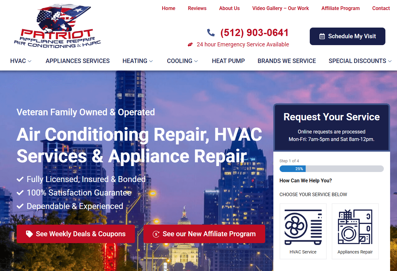 Patriot Appliance & Air Conditioning Repair Service landing page that presents the company's services and offers you to see weekly deals & coupons or a new affiliate program
