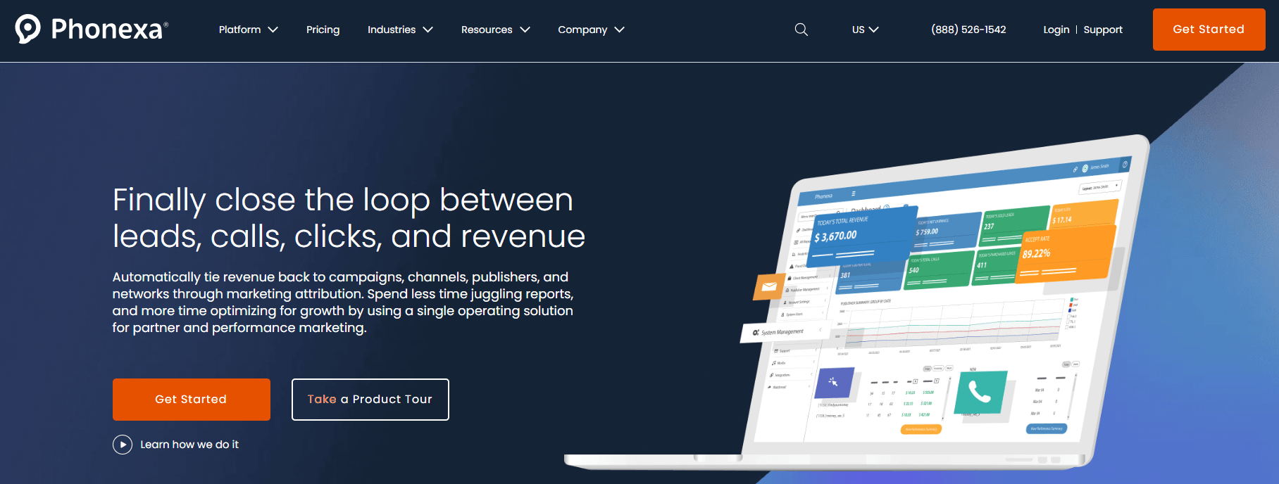  Phonexa homepage, where you can explore the platform's functionality, take a product tour, and get started