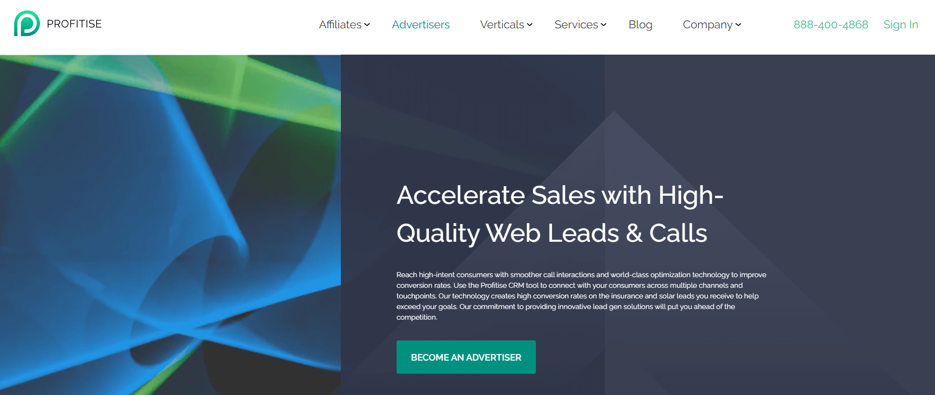 Profitise landing page with interface buttons, platform features, and a button to join as an advertiser