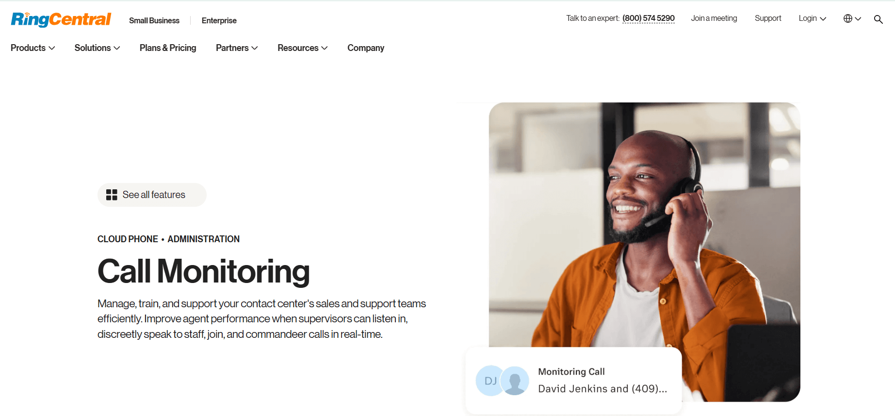 RingCentral product page, presenting call monitoring features