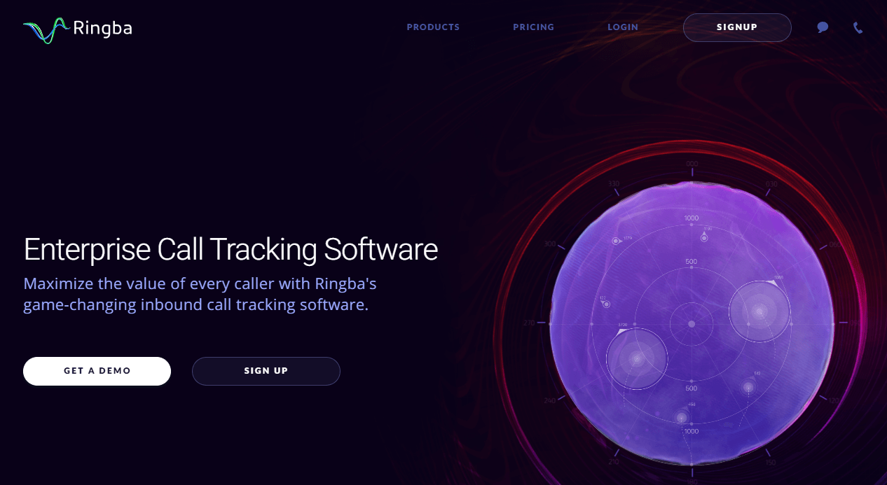Ringba product page, where you can explore call tracking functionality, get a demo, or sign up