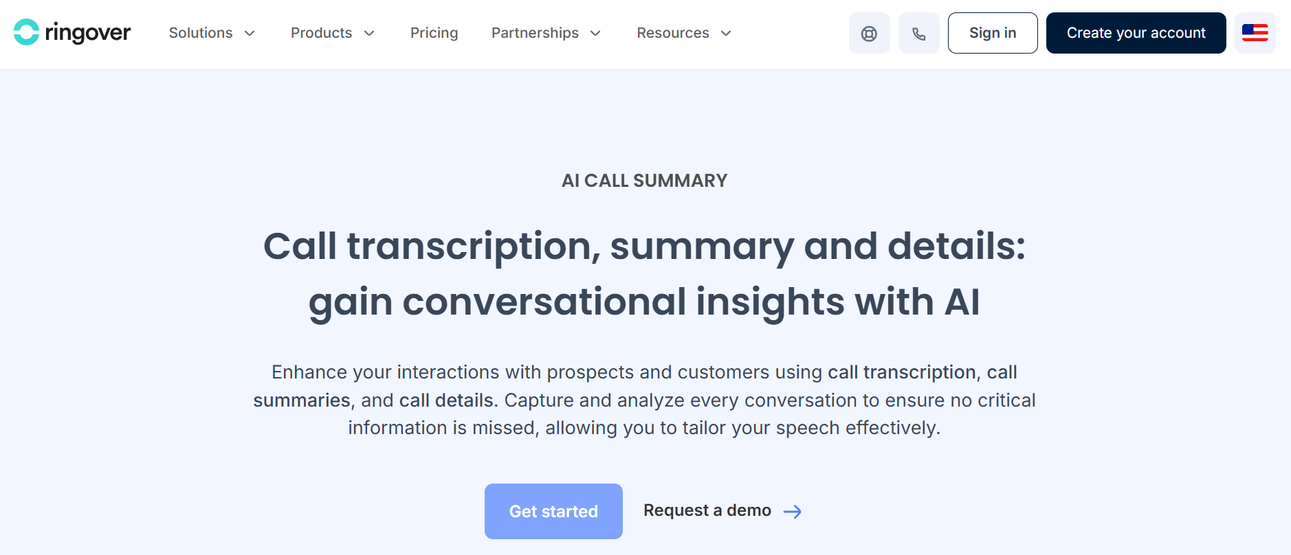 Ringover product page, presenting AI call summary features and allowing you to request a demo or get started