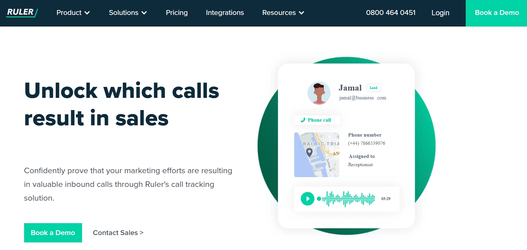 Ruler Analytics product page where you can explore call tracking functions book a demo, and contact sales