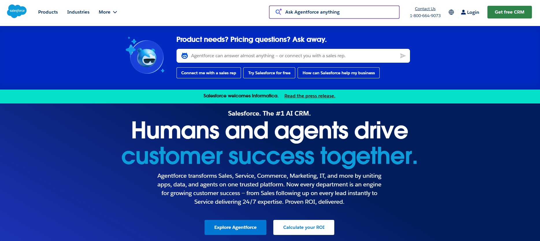 Salesforce homepage, where you can explore the product, try it for free, and calculate your ROI if applying it