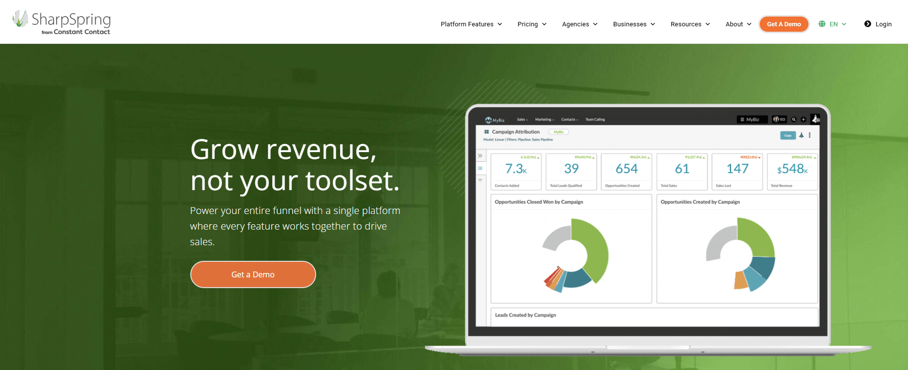 SharpSpring homepage, where you can browse a website or get a demo of CRM