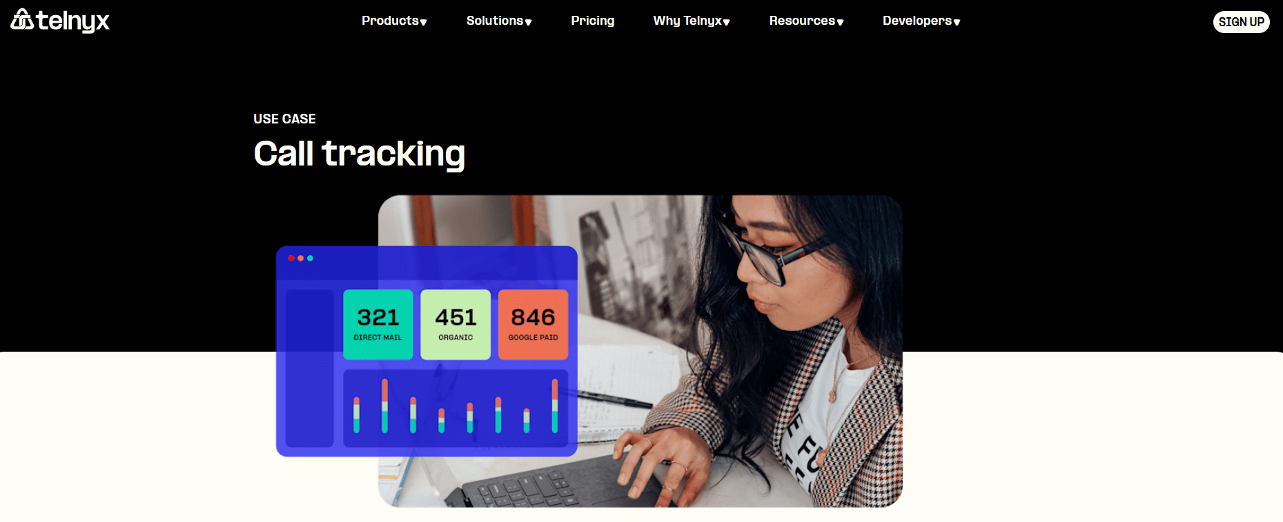 Telnyx call tracking use case page, where you can explore how the product solves customer problems