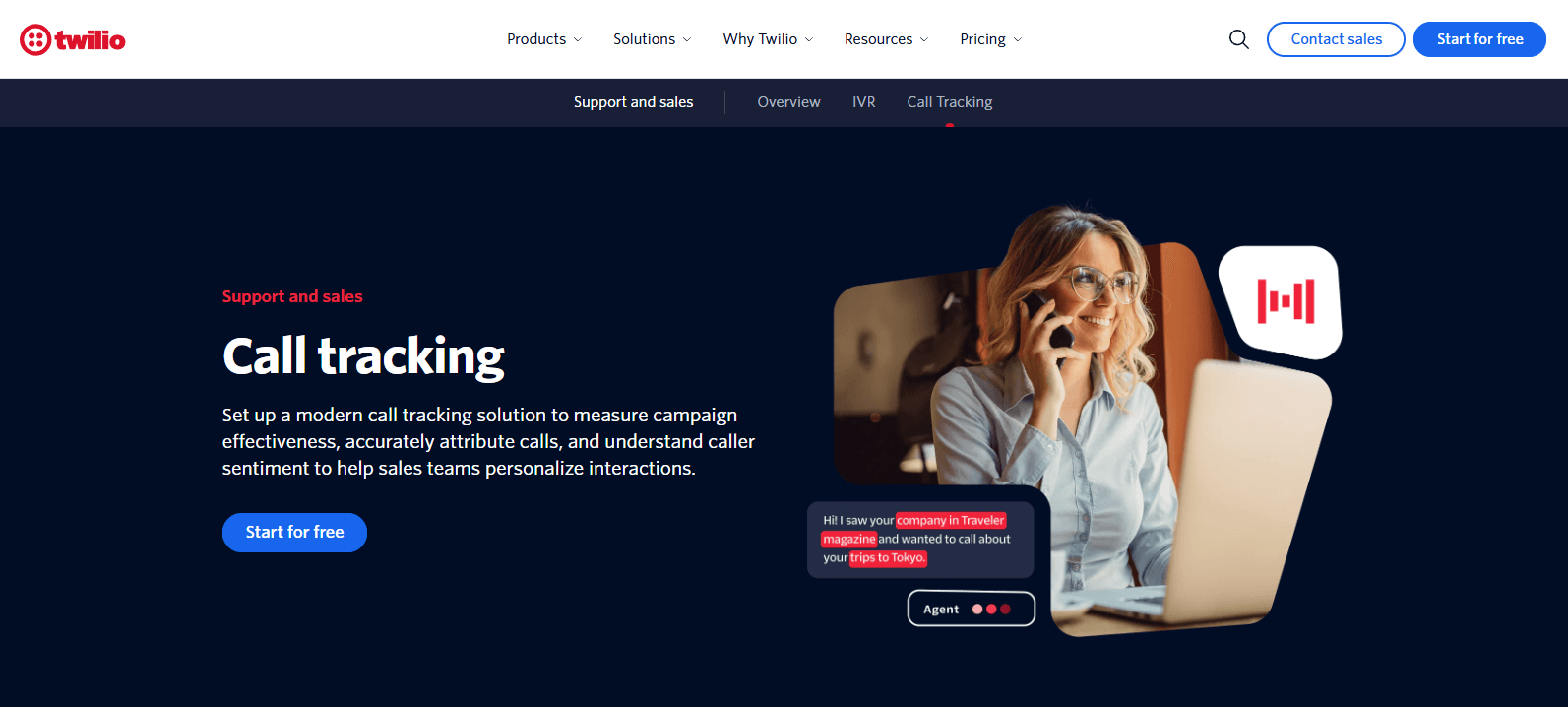 Twilio call tracking product page, where you can explore the product or start a free trial 
