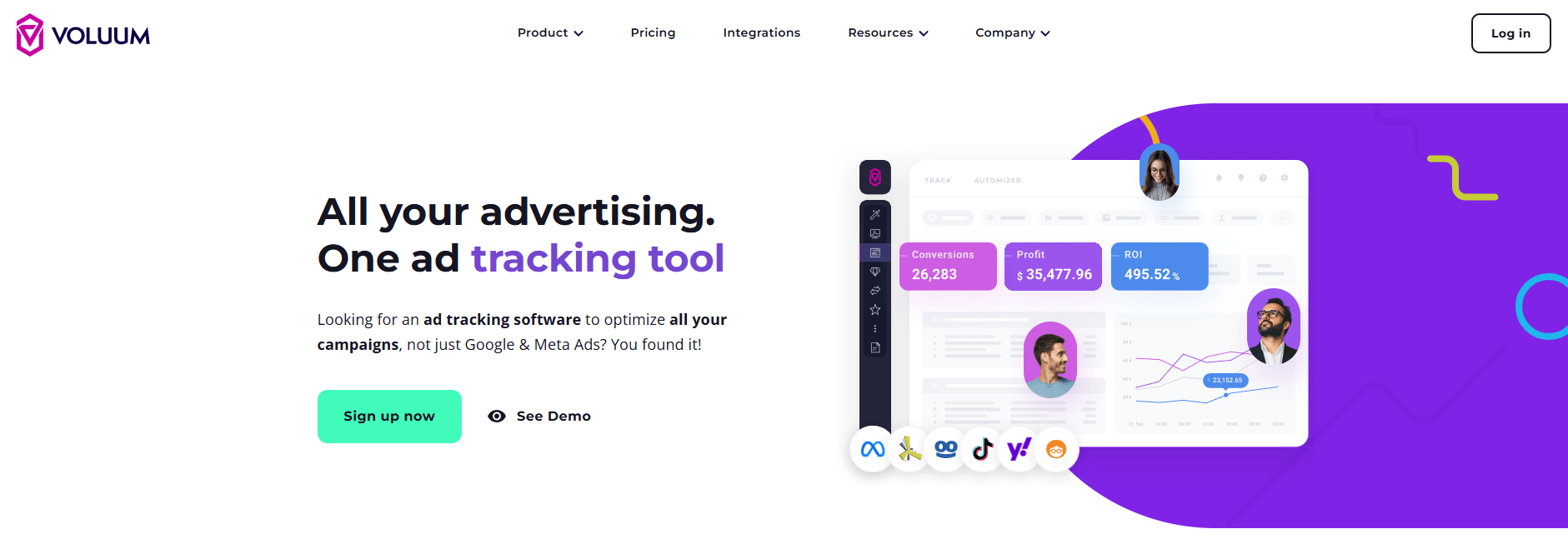 Voluum landing page where performance marketers can sign up for a tracking software now or book a demo to explore how it works
