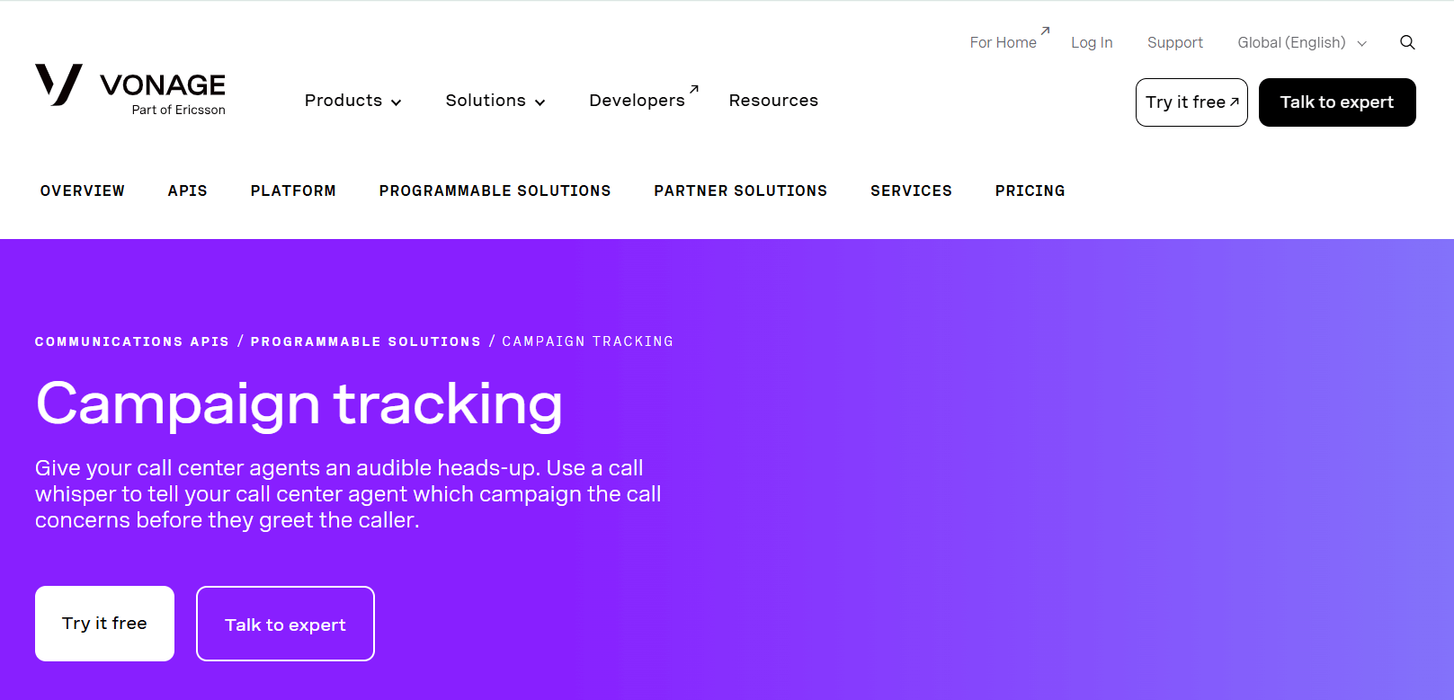 Vonage homepage, where you can browse a website, try campaign tracking software for free, and talk to an expert