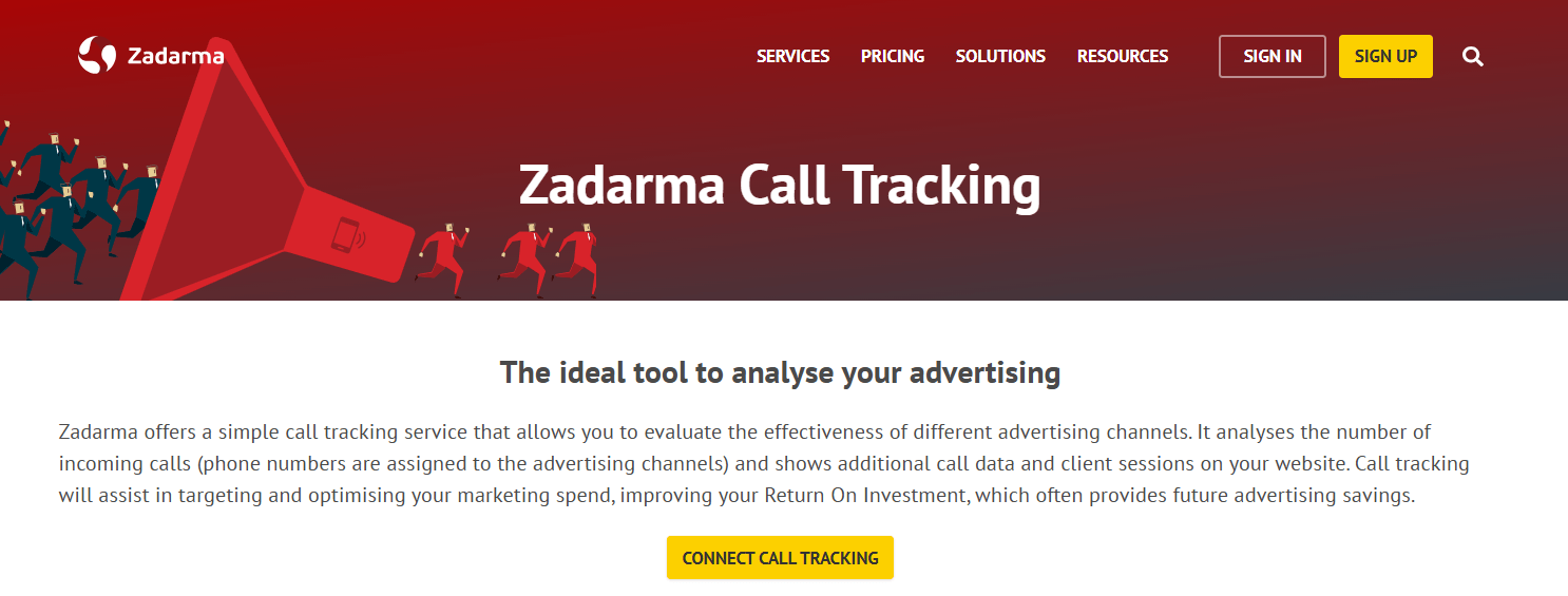 Zadarma product page, presenting call tracking and offering you to connect call tracking