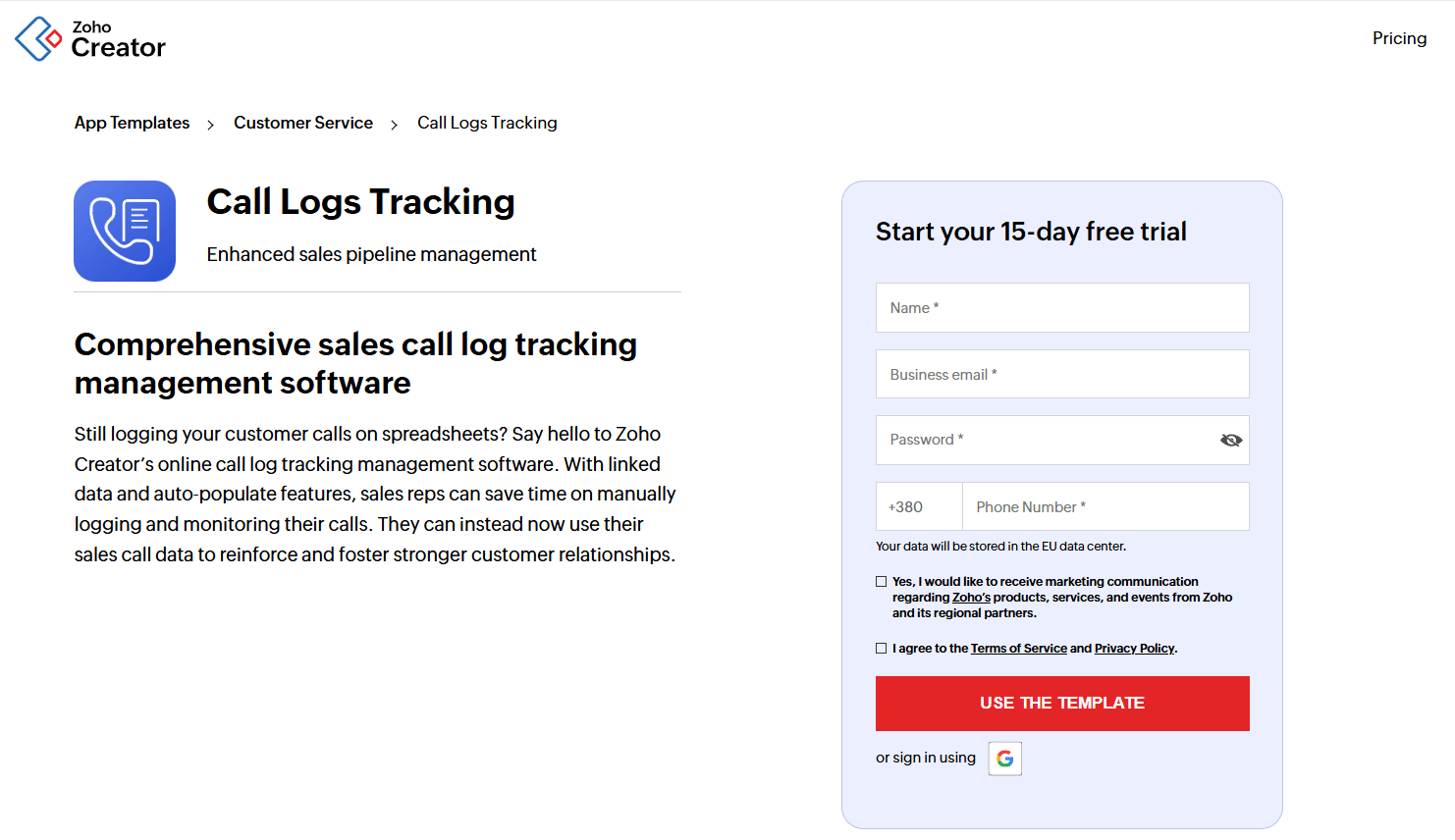 Zoho's page that presents the Call Log Tracking app template that you can test within a 15-day trial period 