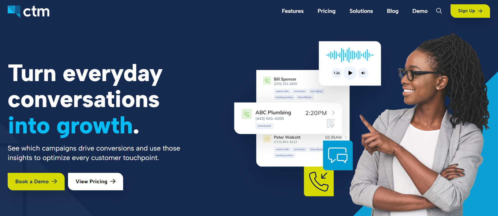 CallTrackingMetrics homepage that showcases the platform's features and offers users to book a demo or view pricing.