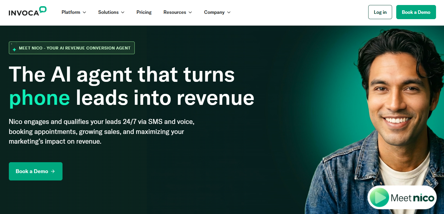 Invoca homepage where users can get familiar with Nico AI, explore the other platform's capabilities, or book a demo.