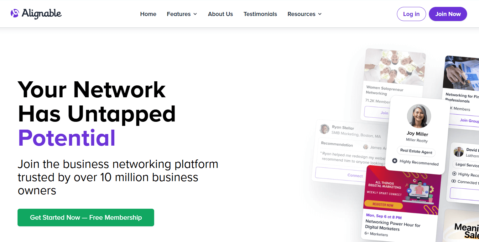Alignable's landing page that offers you a free membership.