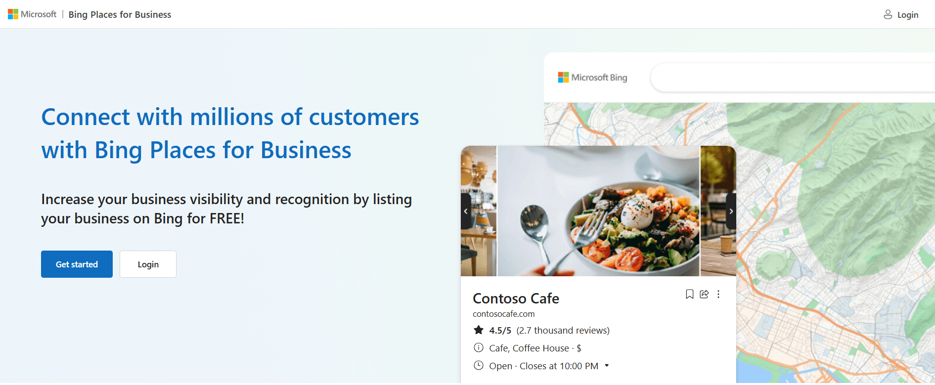 Bing Places for Business landing page that presents the platform's benefits and offers you to log in/sign up.