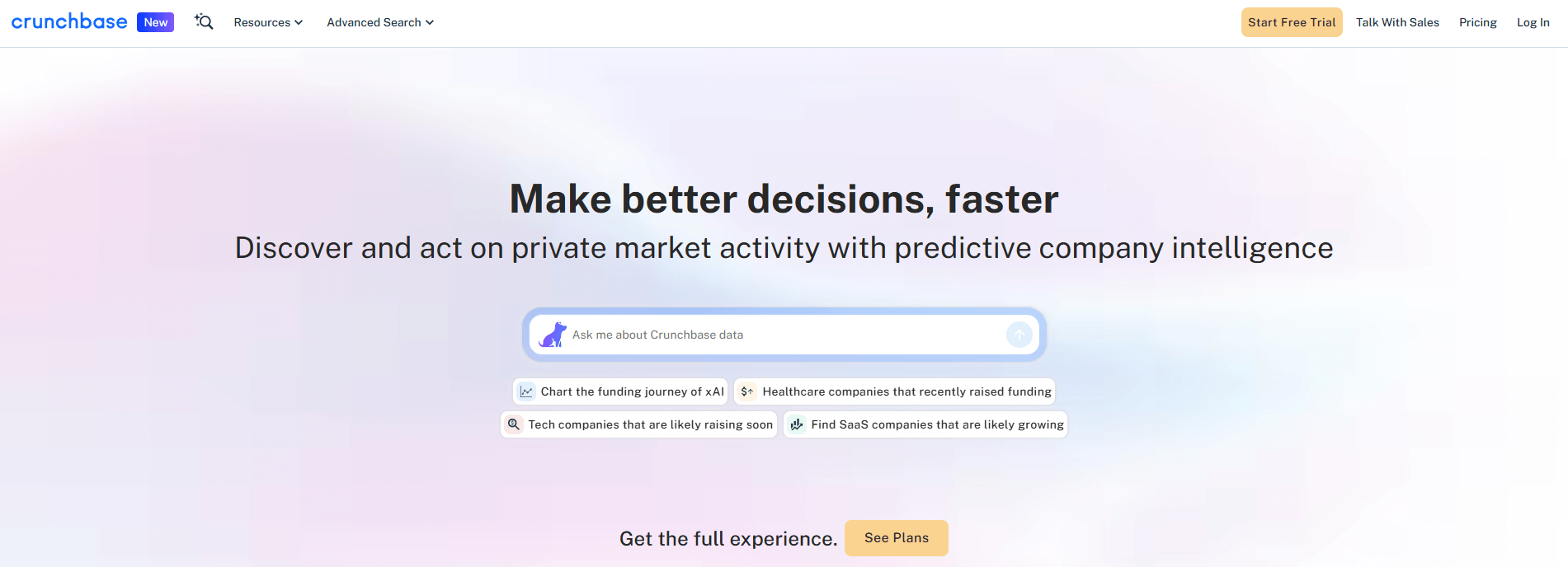 Crunchbase's landing page, where you can type in queries to explore companies' data.