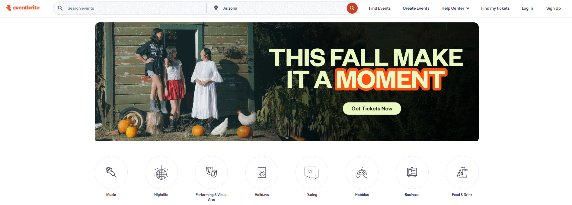 Eventbrite's landing page, where you can browse through topics to sign up for events.