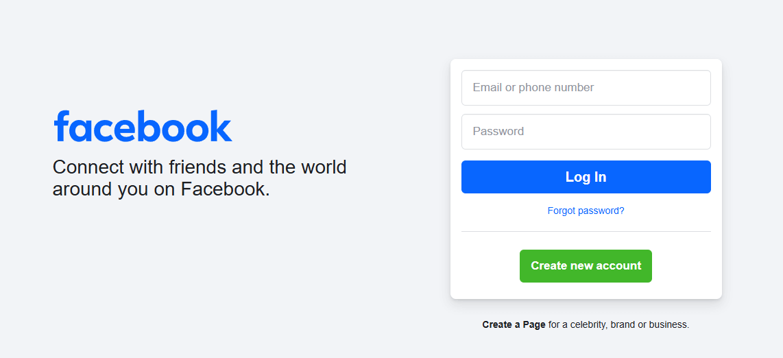 Facebook landing page that offers you to log in or create an account