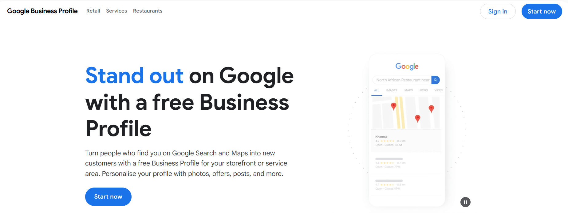 Google Business Profile's landing page, where you can learn more about the platform and use it.