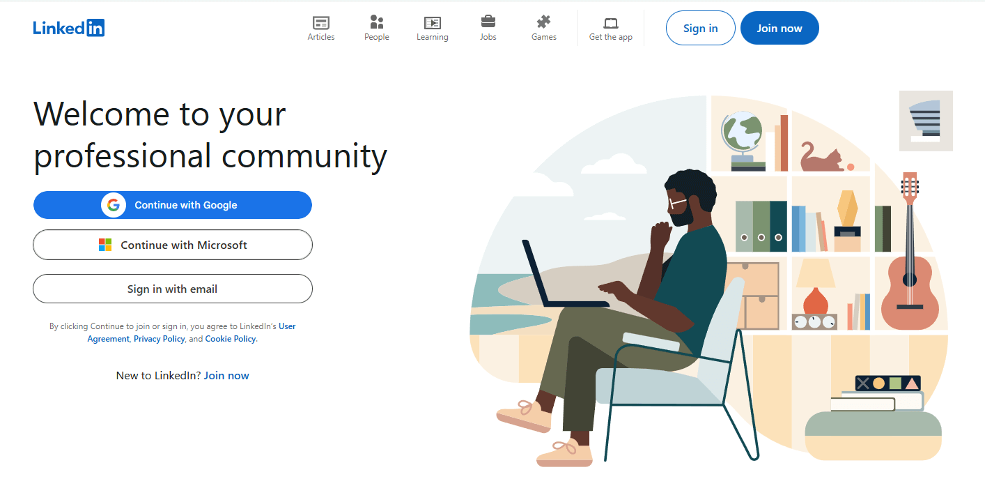 LinkedIn landing page where you can log in via Google, Microsoft, or email, or create a new account